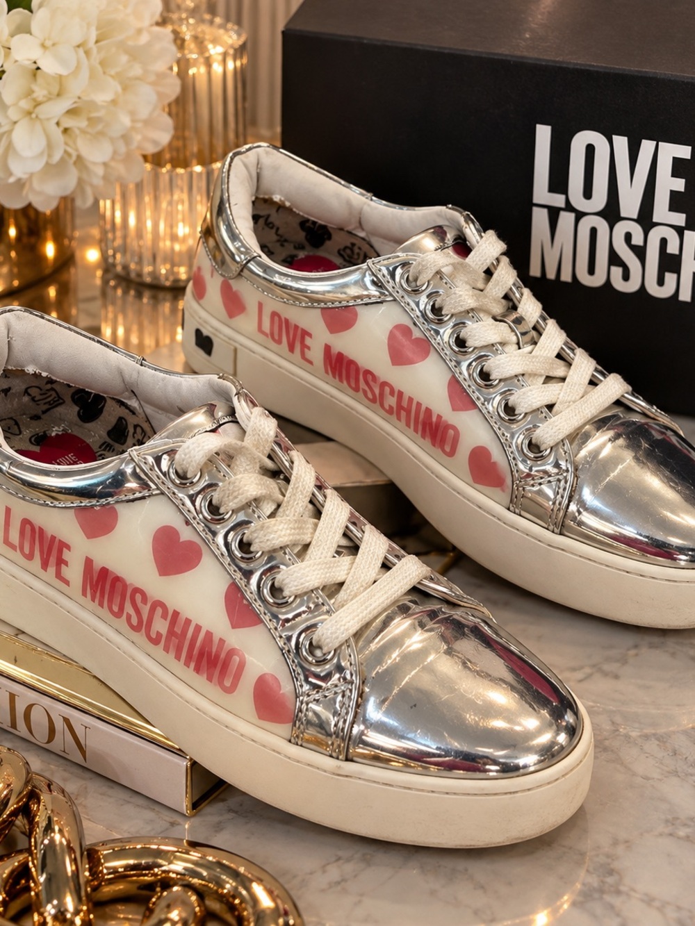 Love Moschino Silver and Pink Heart Athletic Sneakers